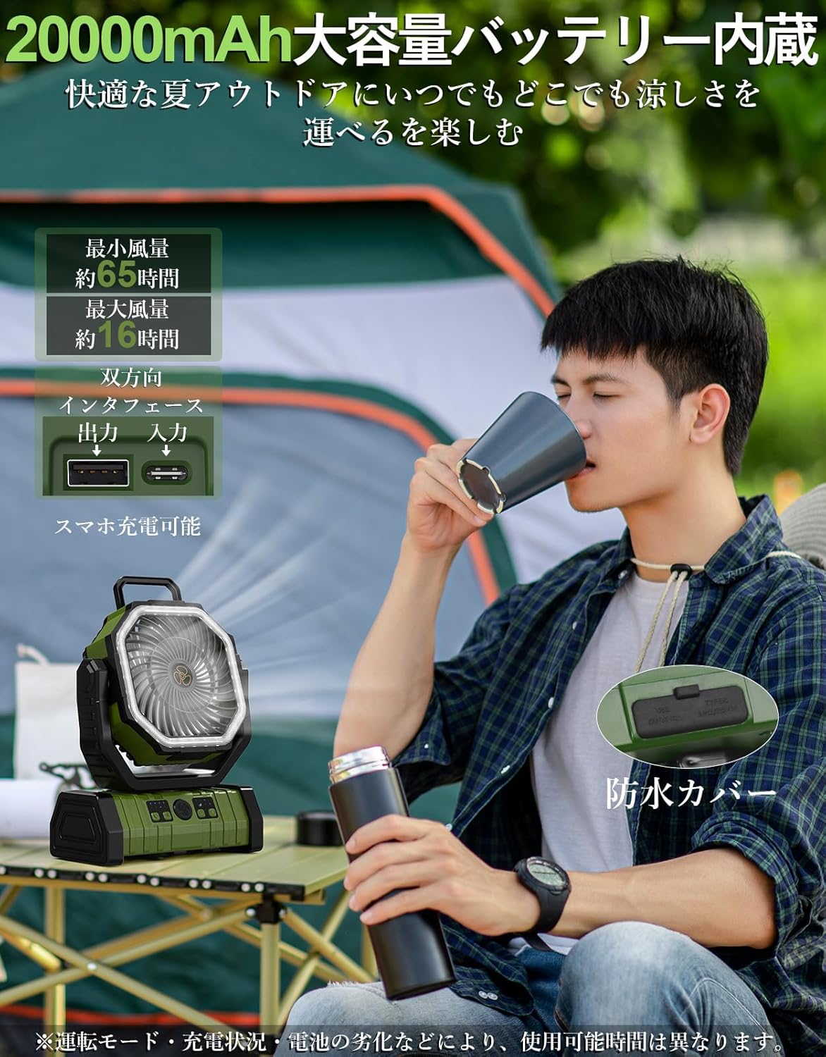 【アウトドア用20000mAh充電式サーキュレーター扇風機 リモコン付き】