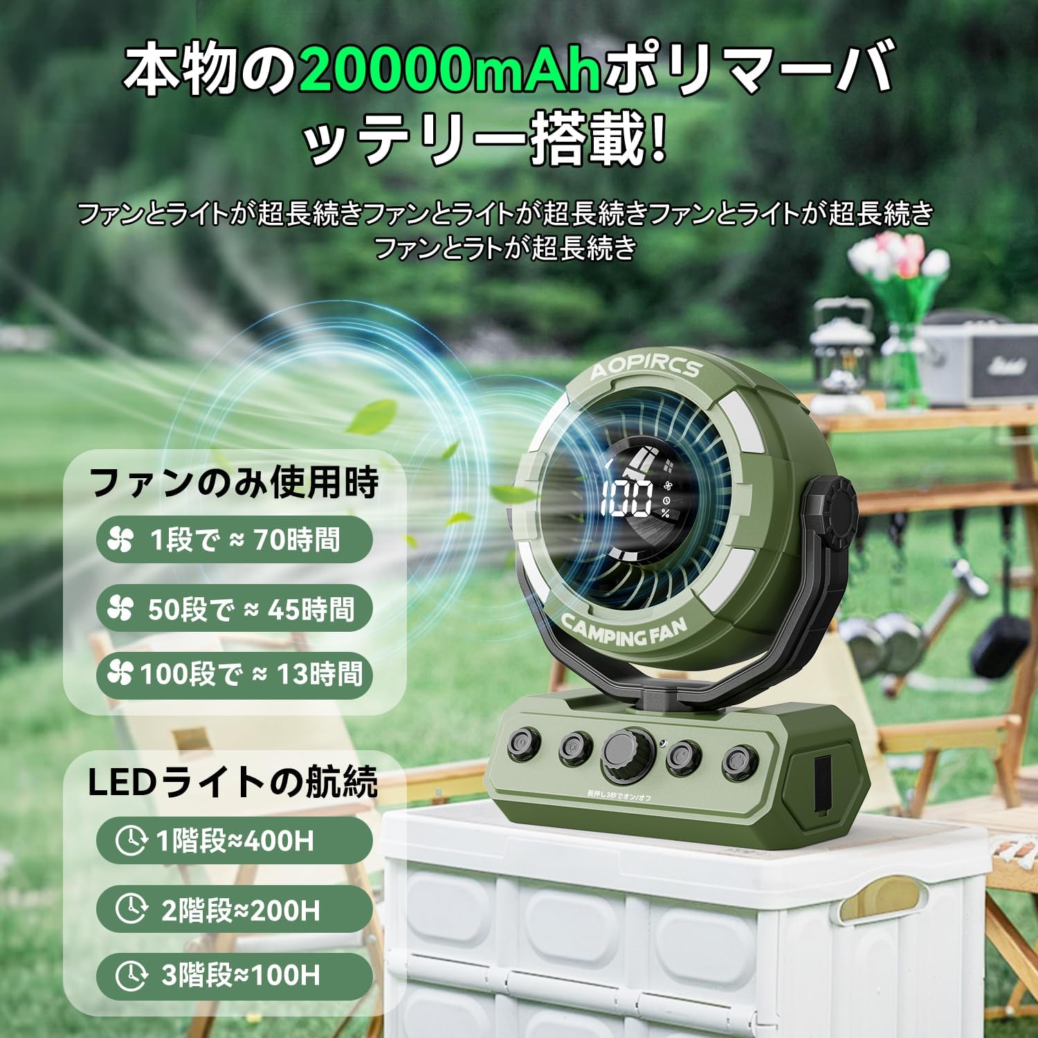 リアルキャンプ扇風機 大容量20000mAh 静音 USB充電 リモコン付き 70時間連続使用