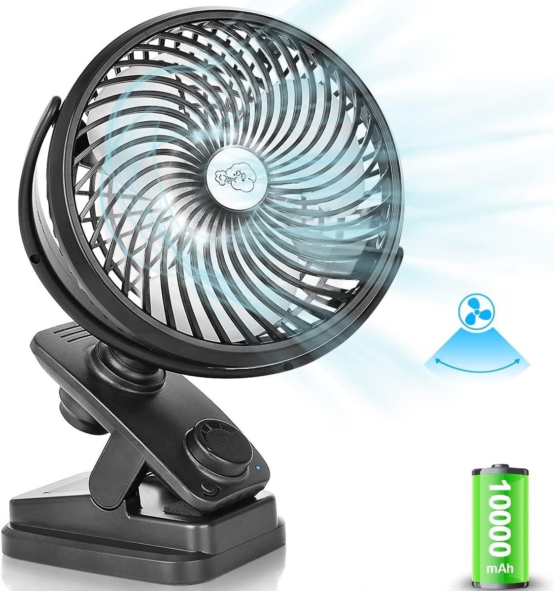 【充電式卓上扇風機】 10000mAh 自動首振り 静音 USB 360度角度調整 風量無段階調節 LEDライト アロマ対応 車・アウトドア用 ブラック