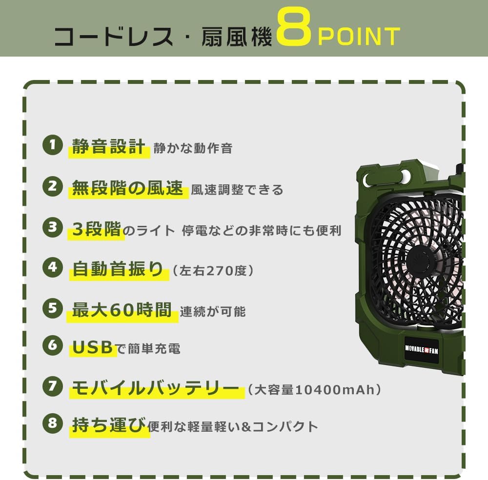 【2024年新型】USB充電式首振り扇風機 10400mAh大容量バッテリー 静音・軽量・コードレス・アウトドア対応
