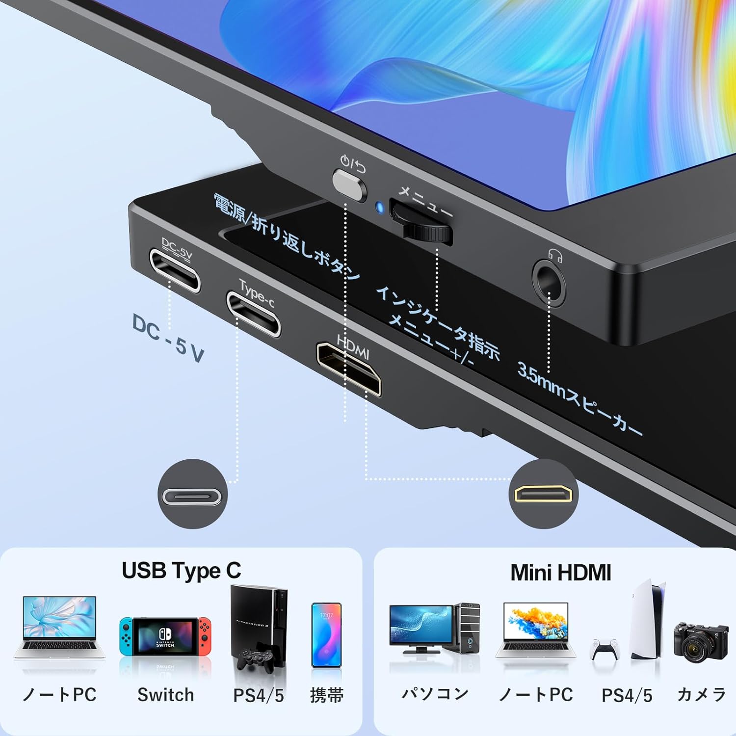 ポータブルモニター 15.6インチ 1080P ゲーミング対応 軽量・スリムタイプ ブラック