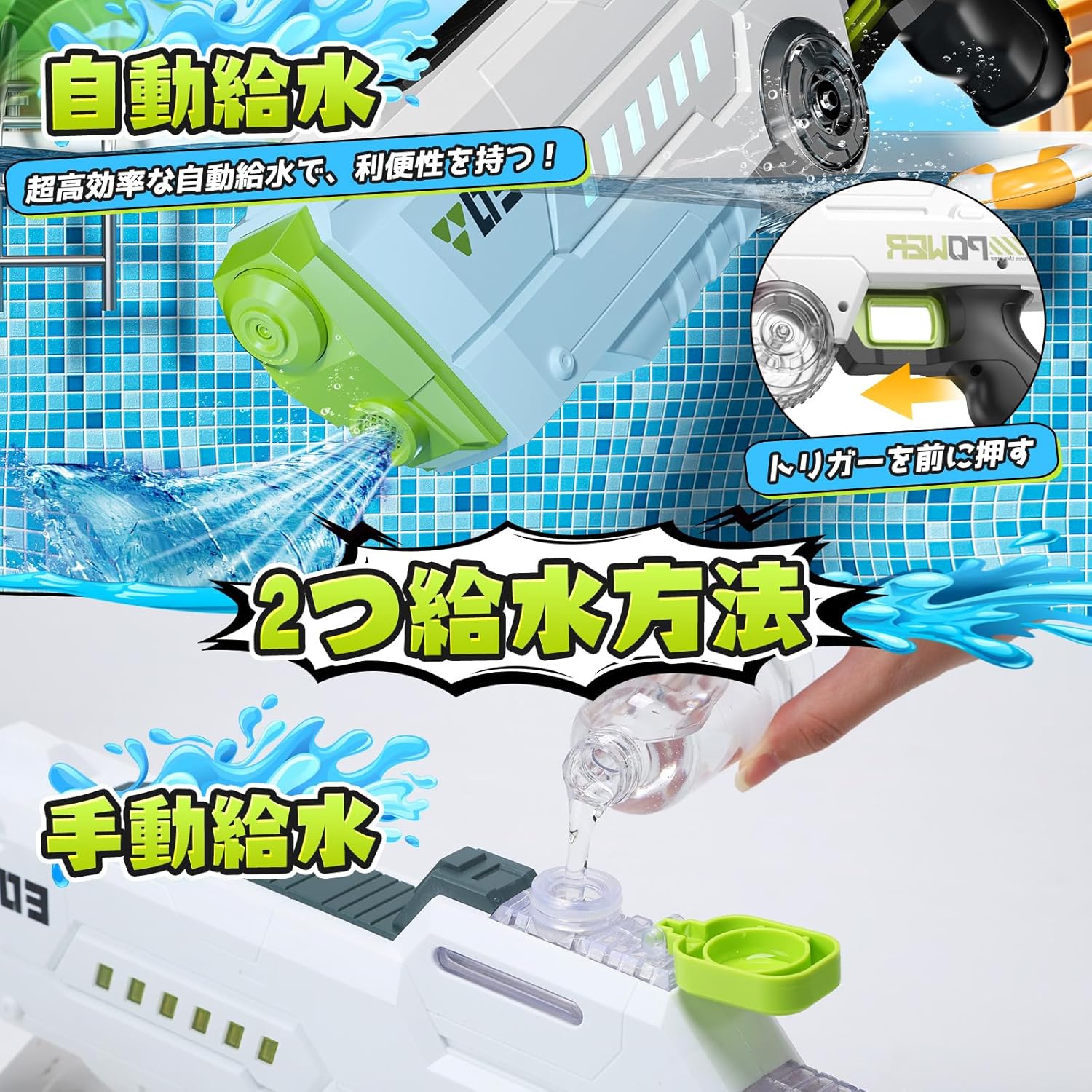 夏の水遊び用電動ウォーターガン - 充電式・280ML大容量・射程7-10m・LEDライト付き・子供と大人向け