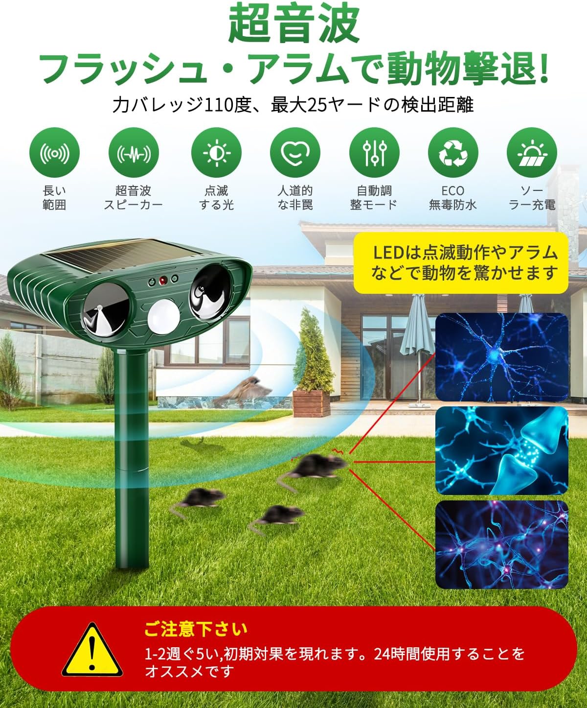 超音波猫よけ器 ソーラー充電 防水タイプ 警報音・PIRセンサー搭載 10m感知 13K-45K HZ