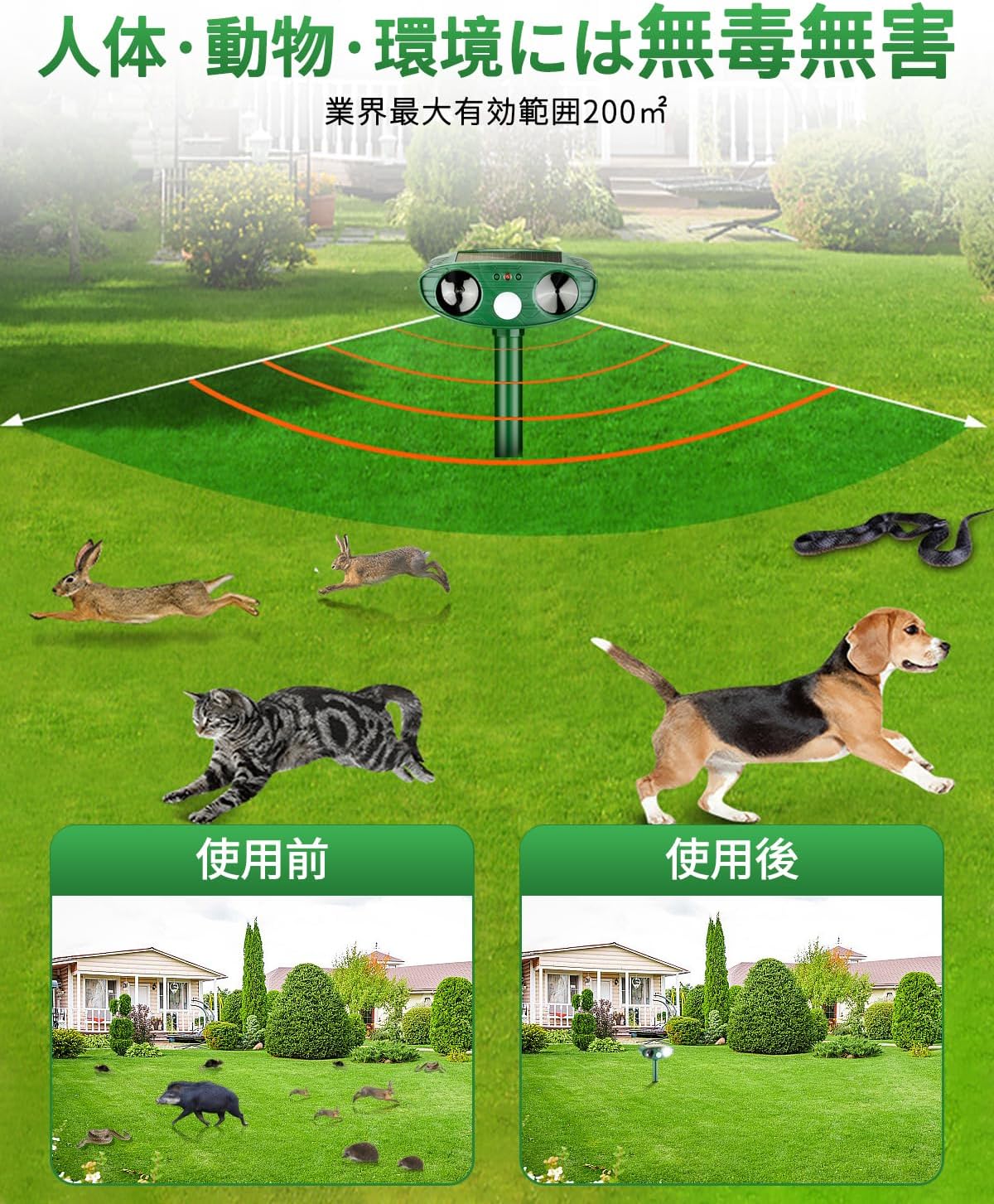 超音波猫よけ器 ソーラー充電 防水タイプ 警報音・PIRセンサー搭載 10m感知 13K-45K HZ