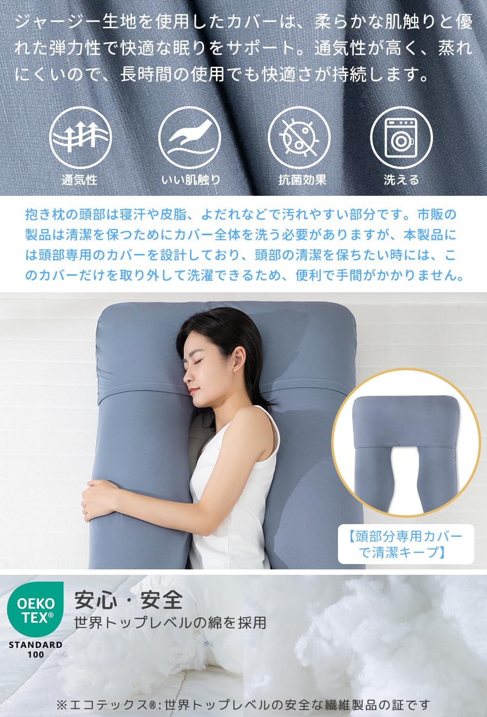妊婦向け Queen Rose® U字型抱き枕｜ふわふわ・快眠・補充綿付き・洗えるカバー・大きいブルー