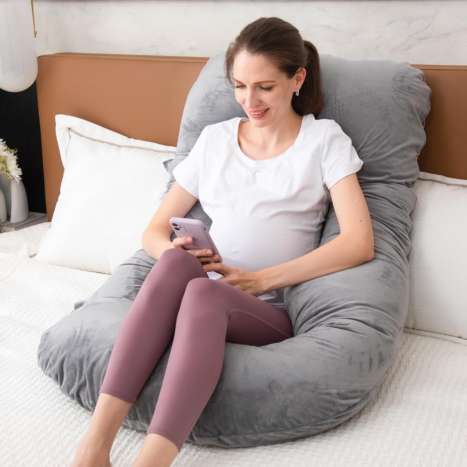 妊婦 U字型抱き枕 全身枕 授乳クッション 洗えるカバー付き (グレー)