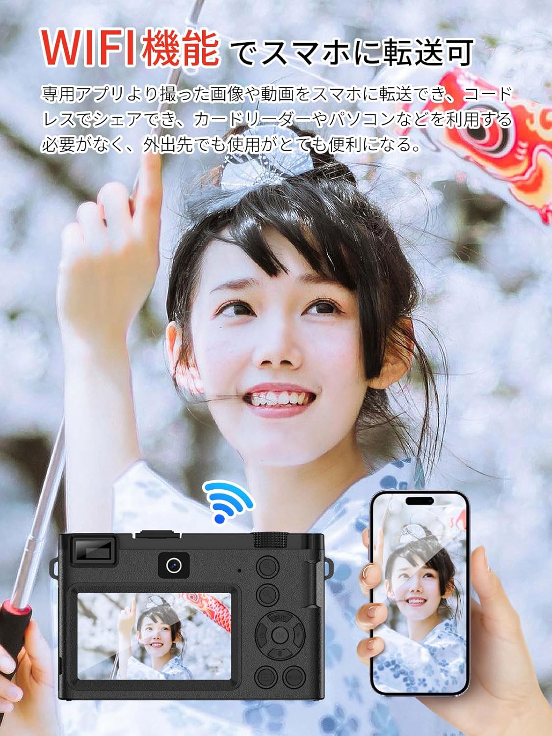 デュアルレンズデジタルカメラ 6400万画素 Wi-Fi転送機能付き コンパクト軽量 64GB microSDカード付属