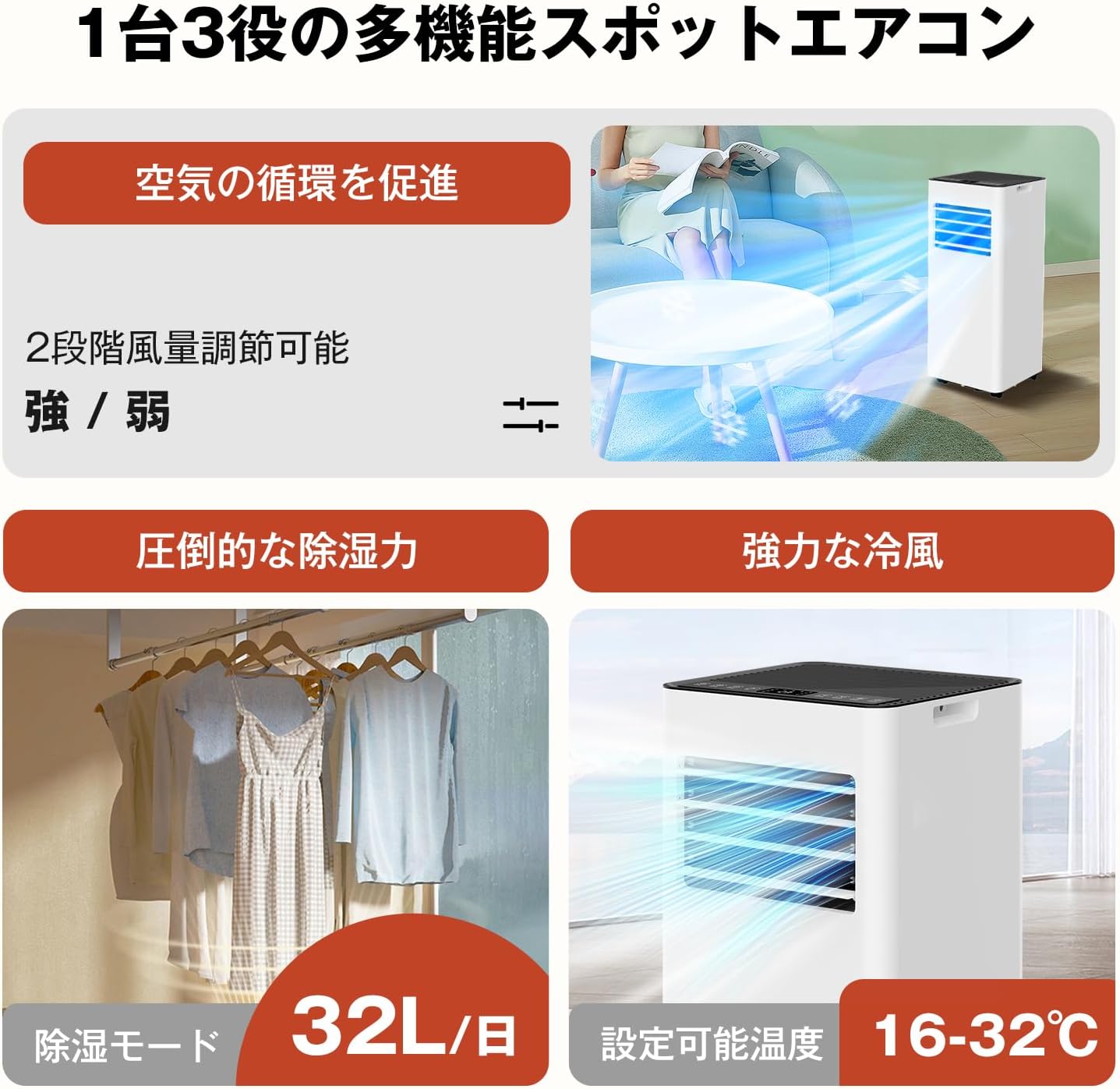 移動式スポットクーラー 冷風・送風・除湿機能付き 12畳対応 ノンドレン式 ホワイト