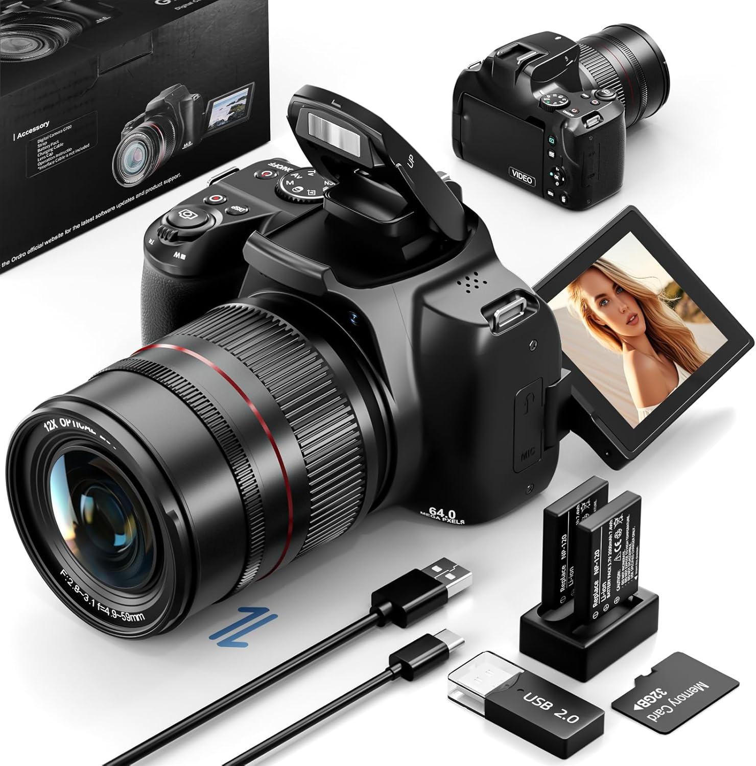 NBD 4K 6400万画素 デジタルカメラ Wi-Fi対応 270°フリップスクリーン 手ぶれ補正 32GB SDカード＆バッテリー2個付属