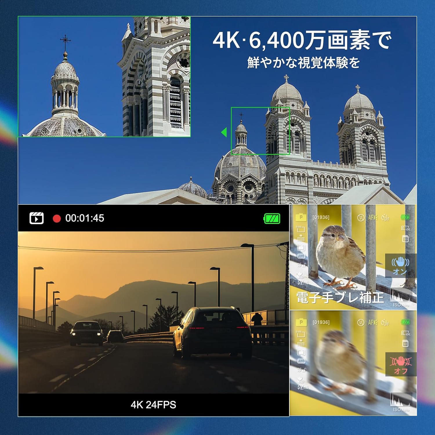 NBD 4K 6400万画素 デジタルカメラ Wi-Fi対応 270°フリップスクリーン 手ぶれ補正 32GB SDカード＆バッテリー2個付属