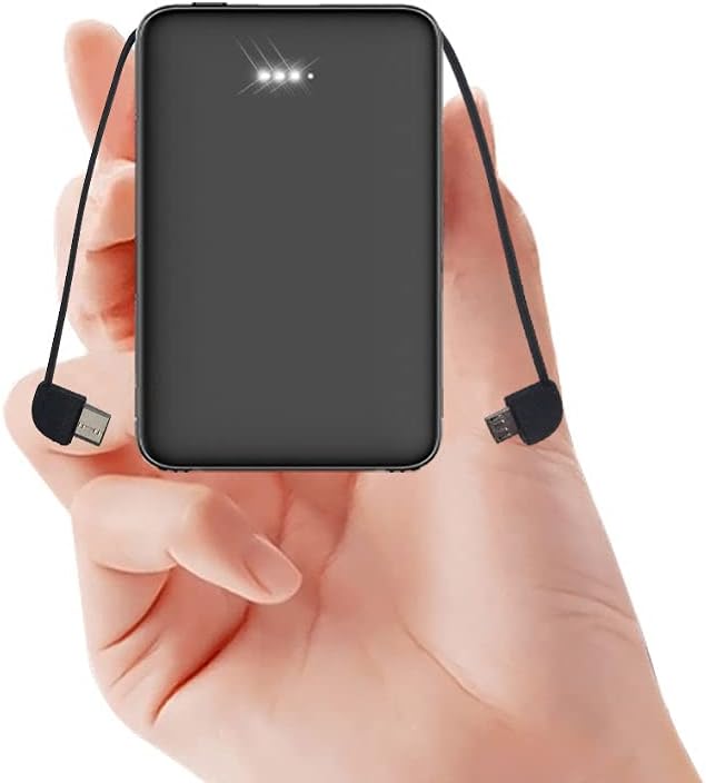 6800mAh 大容量 モバイルバッテリー ケーブル内蔵型 超小型 USB2ポート ブラック【PSE認証】