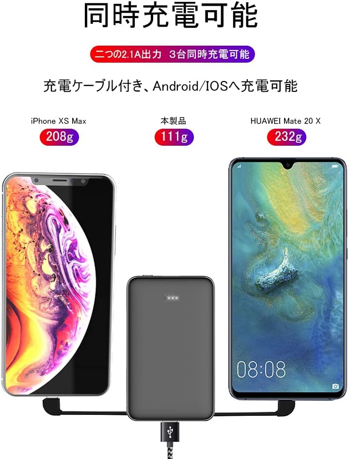 6800mAh 大容量 モバイルバッテリー ケーブル内蔵型 超小型 USB2ポート ブラック【PSE認証】