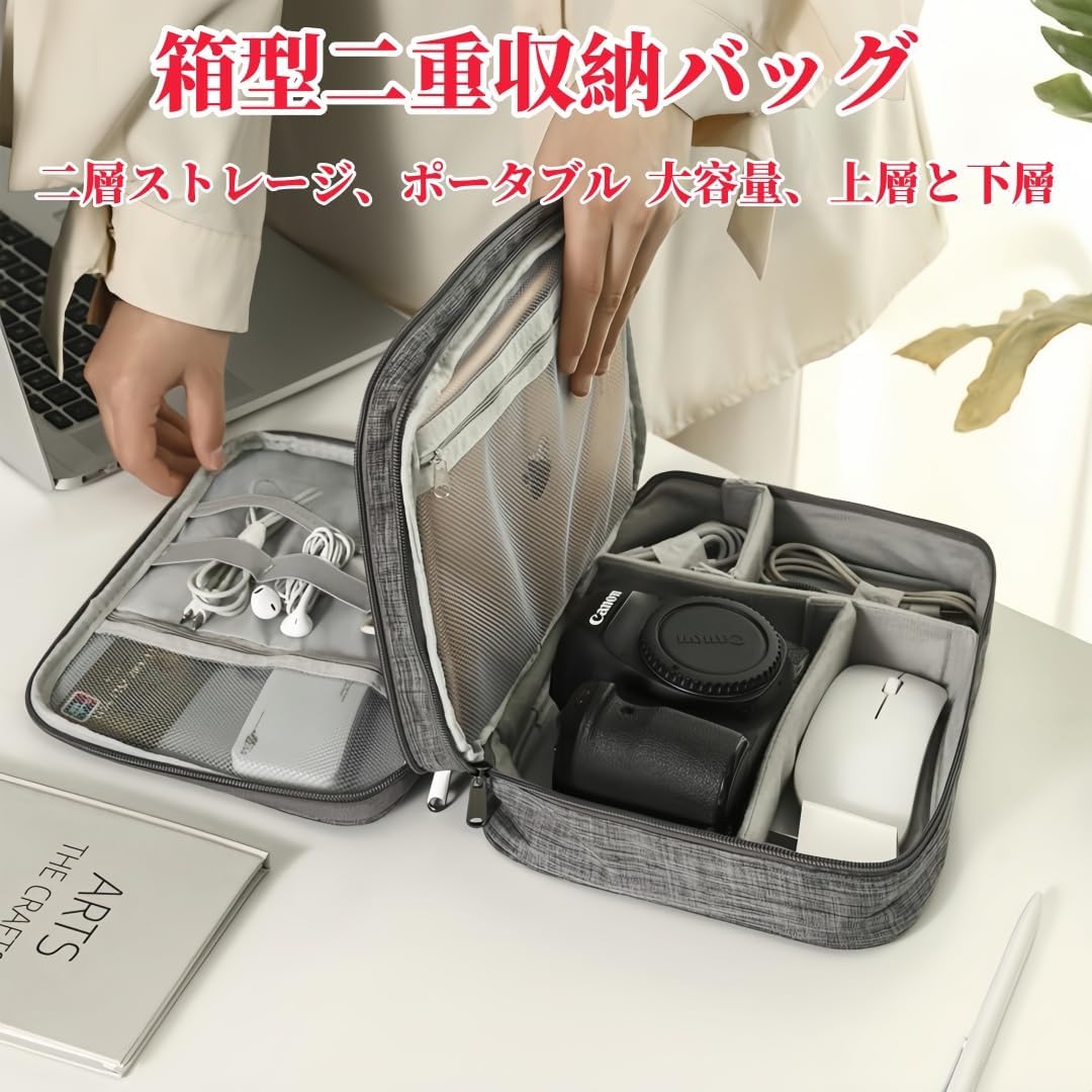 大容量3層トラベルポーチ 撥水・防塵・耐衝撃 軽量モバイル収納ケース (パープル, 27×10×20cm)