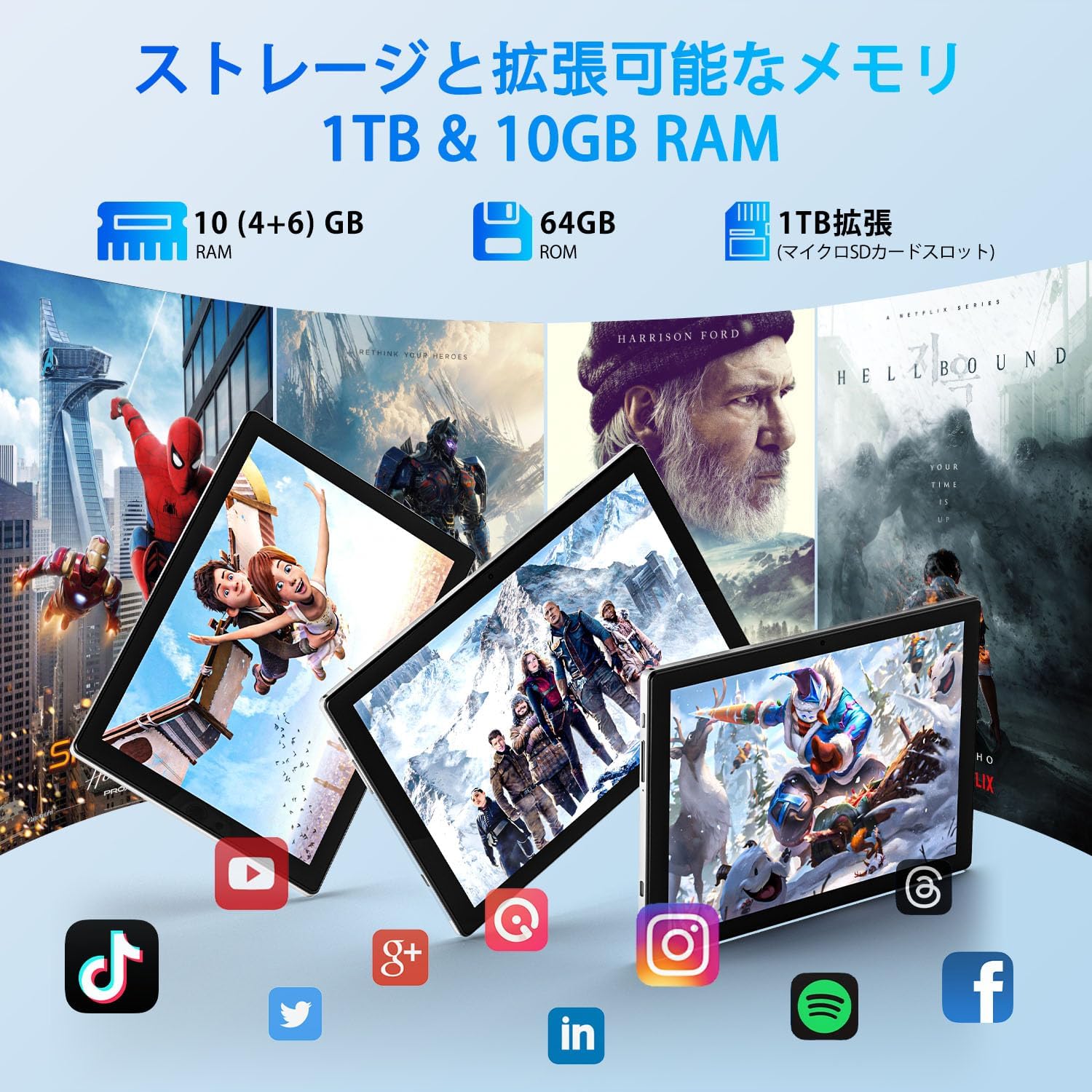 10インチAndroid 14タブレット Wi-Fiモデル 10GB+64GB+1TB拡張 8コアCPU 6000mAh大容量バッテリー