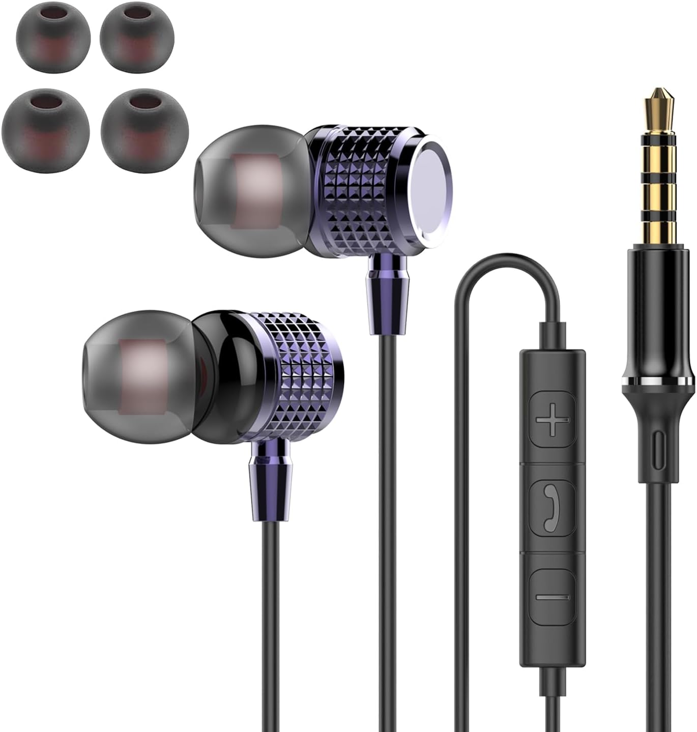 有線イヤフォン マイク付き カナル型 低音強化 クリア通話 コンパクト【紫】