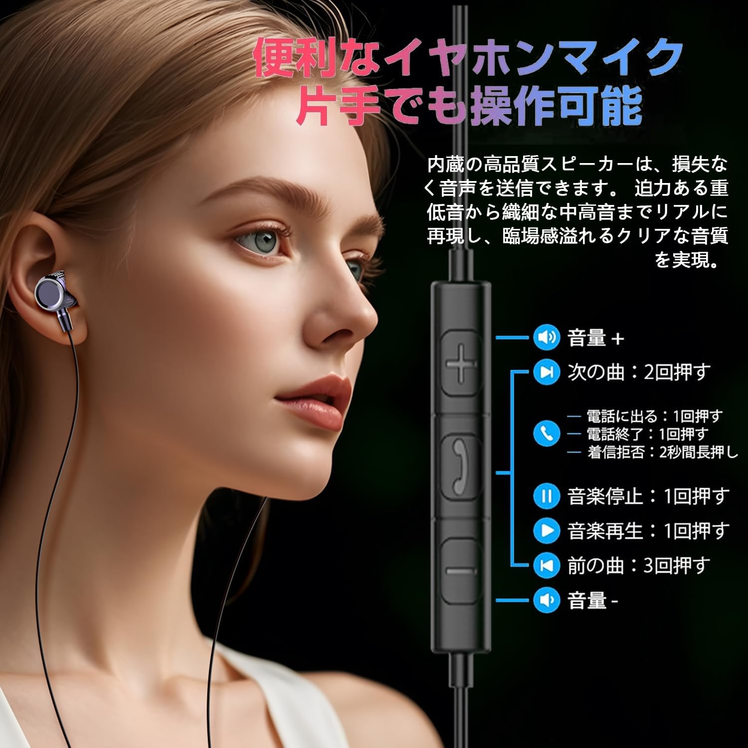 有線イヤフォン マイク付き カナル型 低音強化 クリア通話 コンパクト【紫】