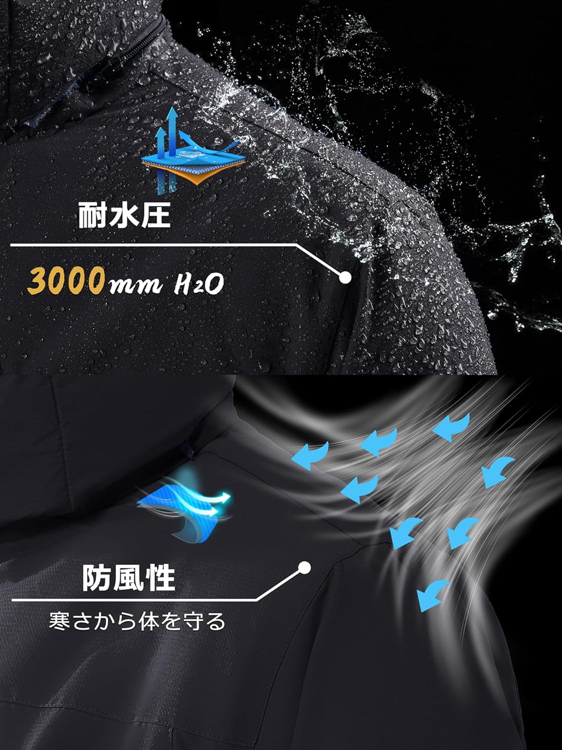冬のアウトドア用 メンズ防寒ウィンドブレーカー 裏ボア・防撥水・フード取り外し可