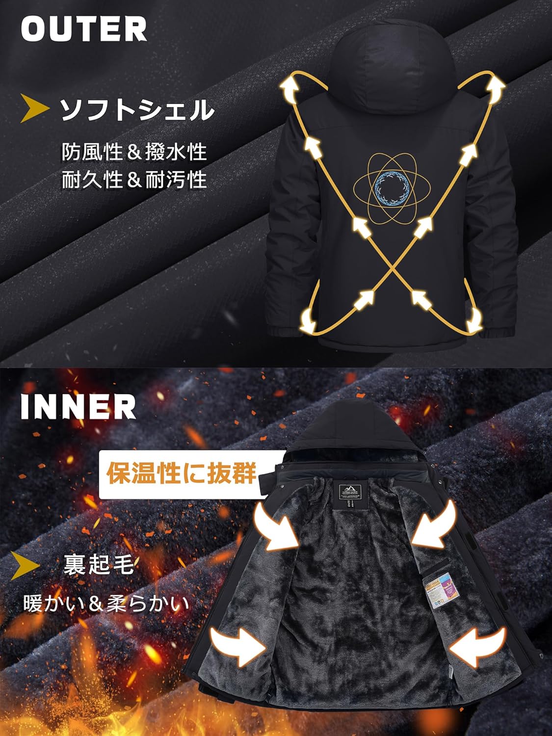 冬のアウトドア用 メンズ防寒ウィンドブレーカー 裏ボア・防撥水・フード取り外し可