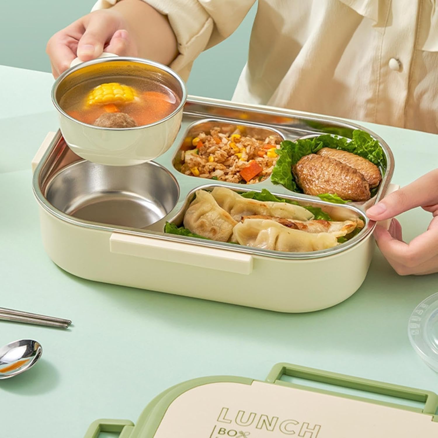 食品グレード304ステンレス製 大容量ランチボックス 5仕切り 箸・スプーン付 保温・汁漏れ防止 電子レンジ対応 グリーン