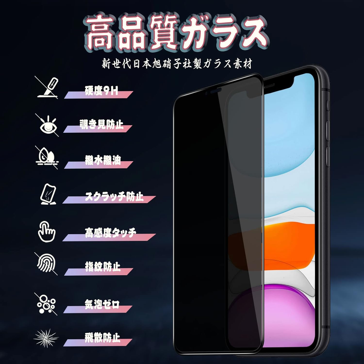 iPhone11/XR ガラスフィルム 旭硝子製 覗き見防止 自動吸着 9H硬度【ガイド枠付き・1枚入】