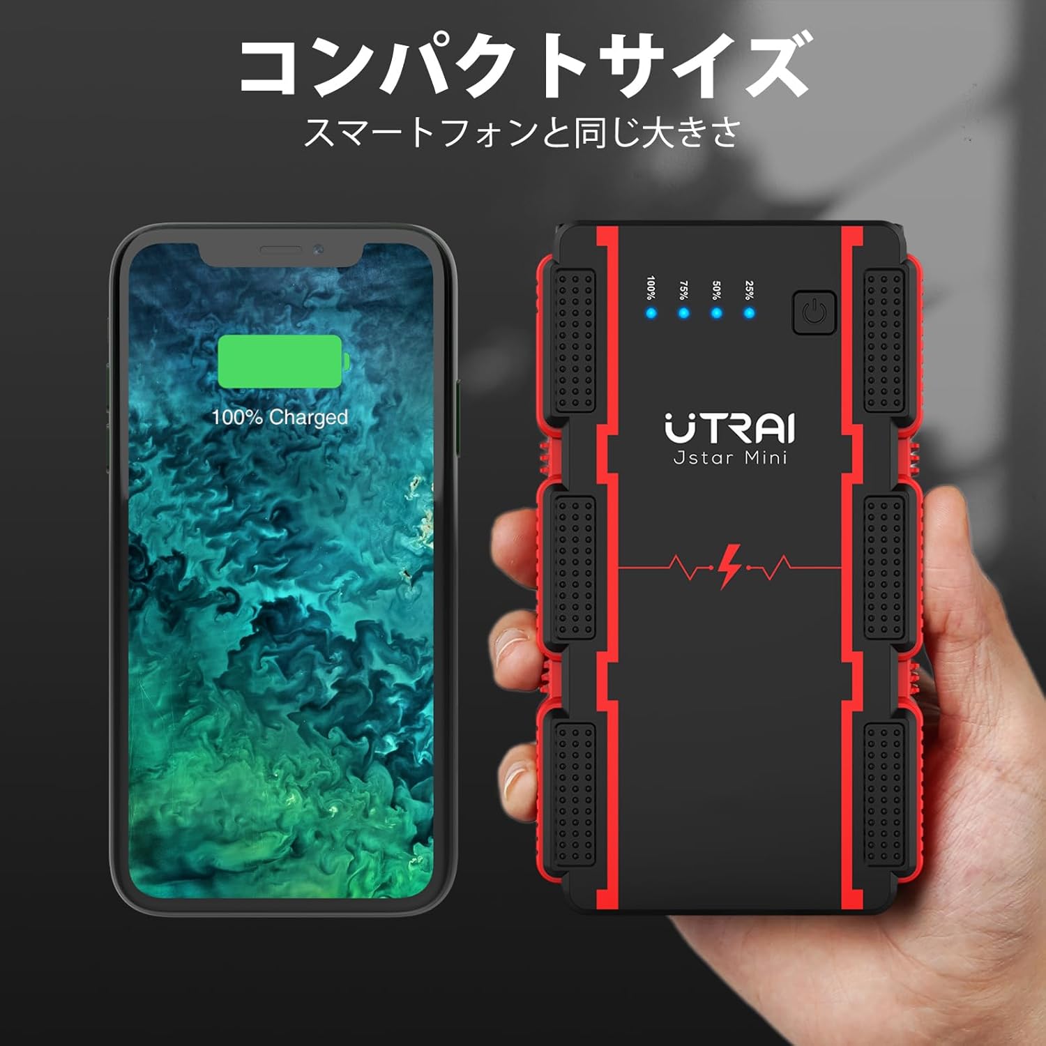 UTRAI ジャンプスターター 2500A 12V車用 モバイルバッテリー機能 LEDライト付き