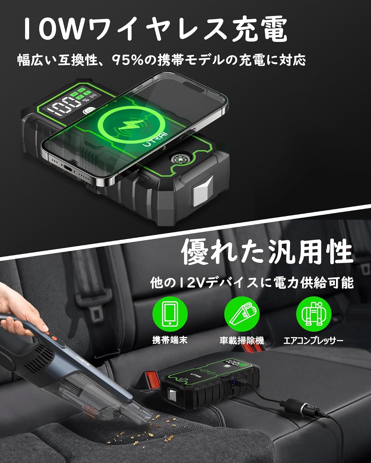 大容量27000mAh エンジンスターター ジャンプスターター 車緊急脱出ハンマー機能付き 12V車対応