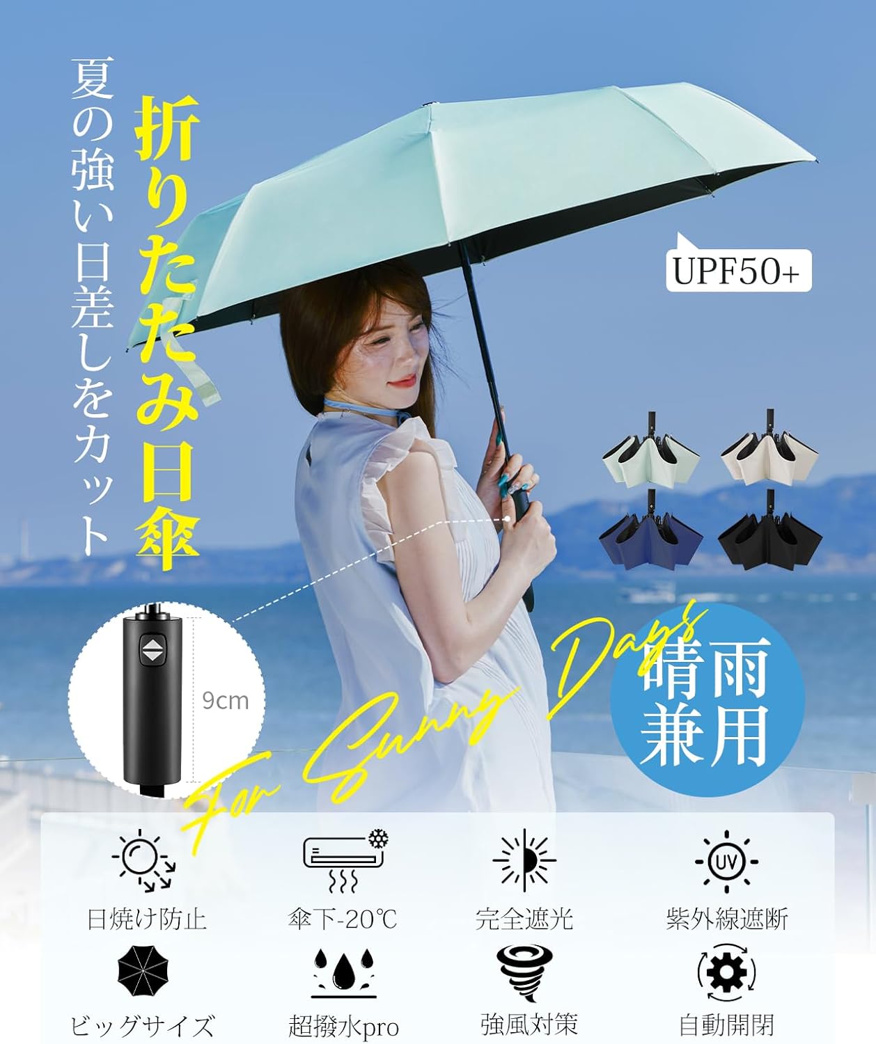 母の日・父の日向け 日傘・折りたたみ傘 105cm UVカット UPF50+ 自動開閉 メンズ・レディース用