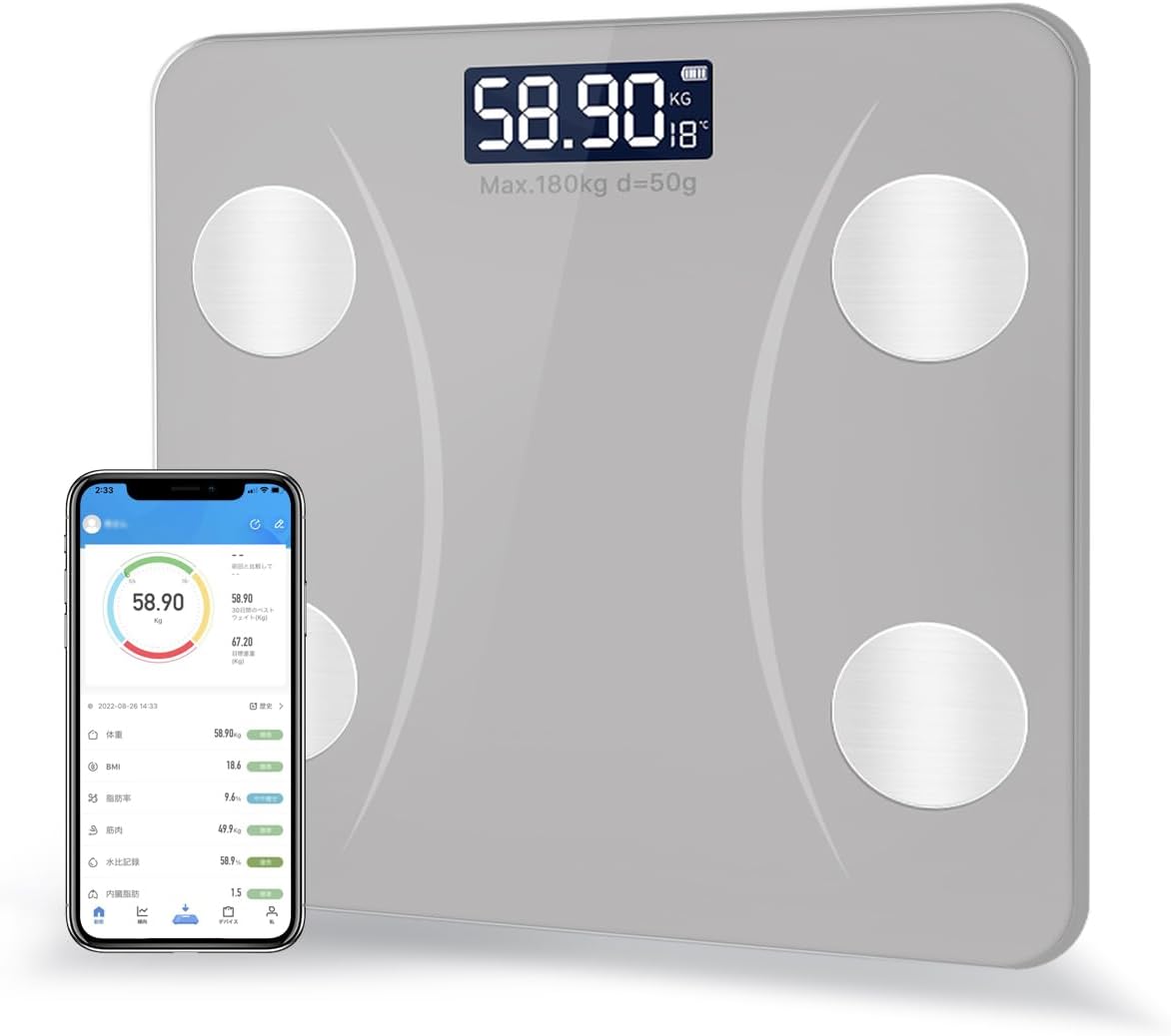 Bluetooth対応体組成計 - 高精度・軽量収納 - 体重・体脂肪率・筋肉率測定用スマホ連動ヘルスメーター