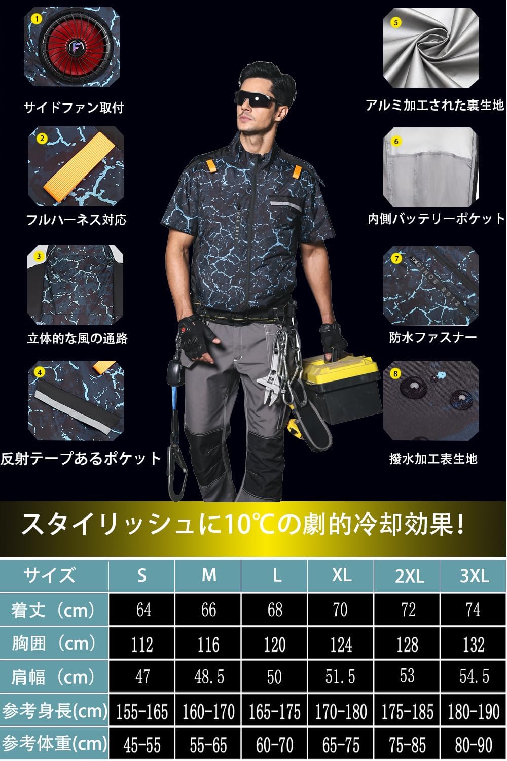 2025年風神マン空調作業服 半袖サイドファン付き 熱中症対策用メンズ・レディースブルゾン