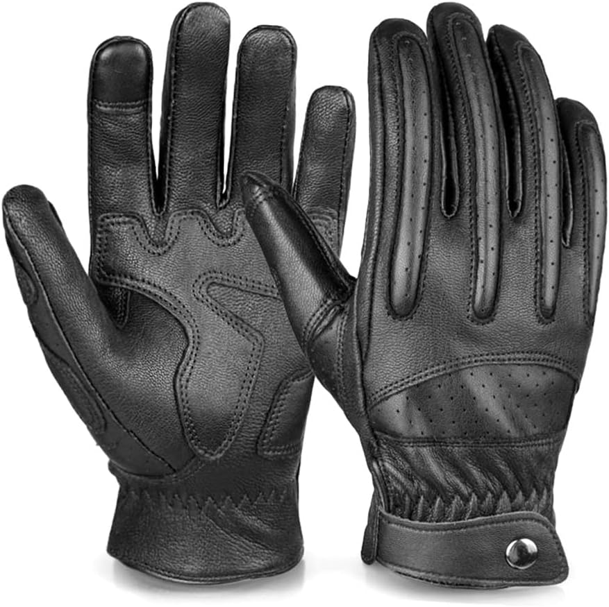 春秋夏用スマホ対応革製バイクグローブ(オートバイ・自転車用) メンズ・レディース すべり止め (XL, ブラック)