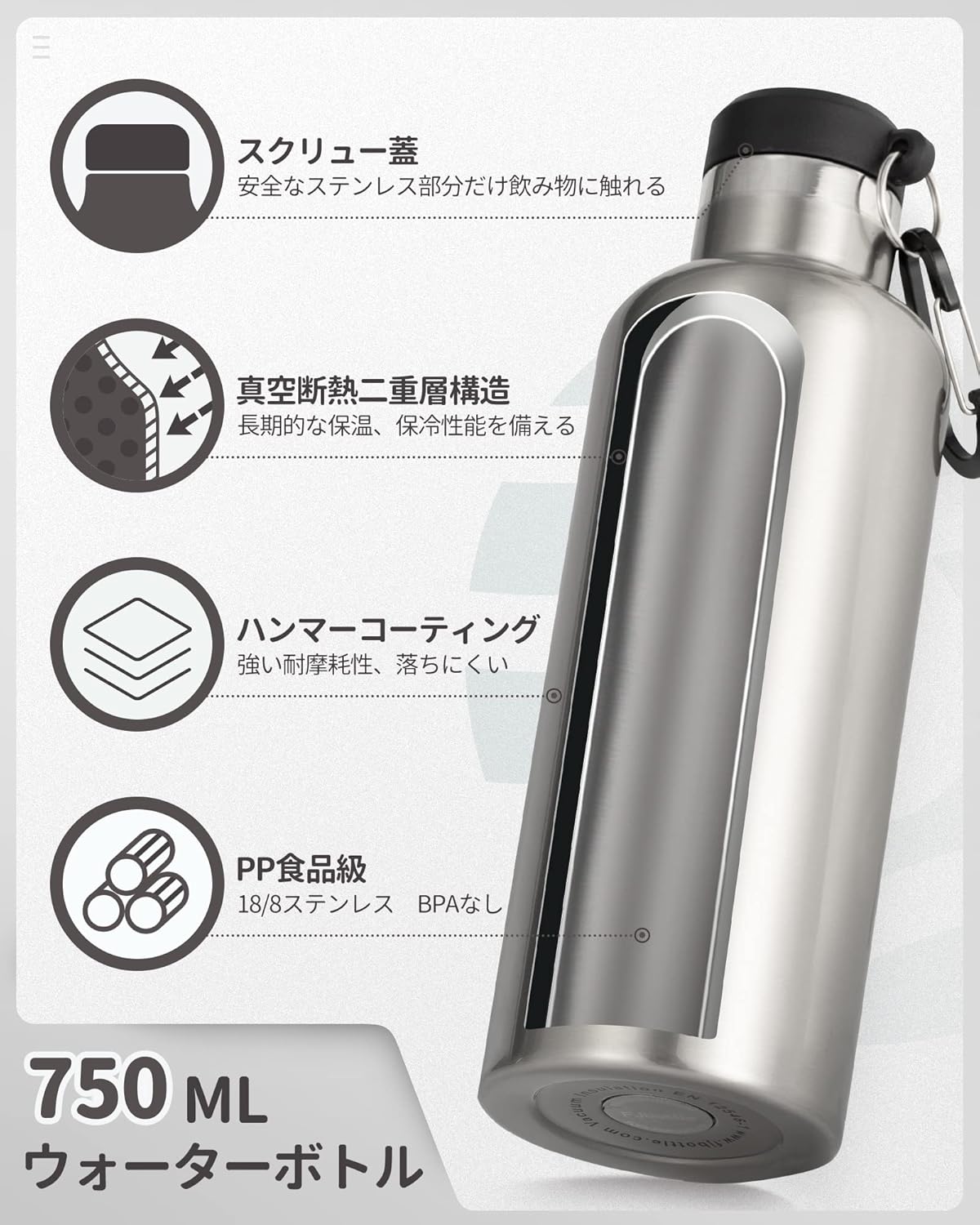 750ml ステンレス製真空断熱スポーツボトル 保温保冷 男性・女性・子供用 シルバー