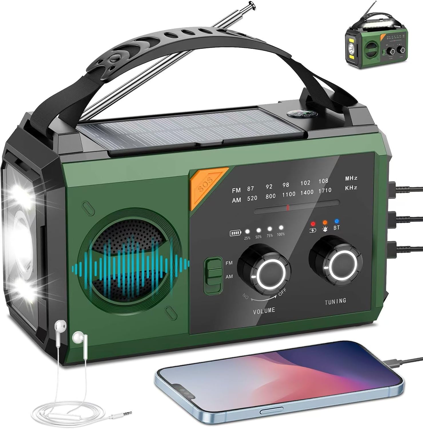 防災用Bluetoothラジオ【20000mAhバッテリー・充電式・グリーン】
