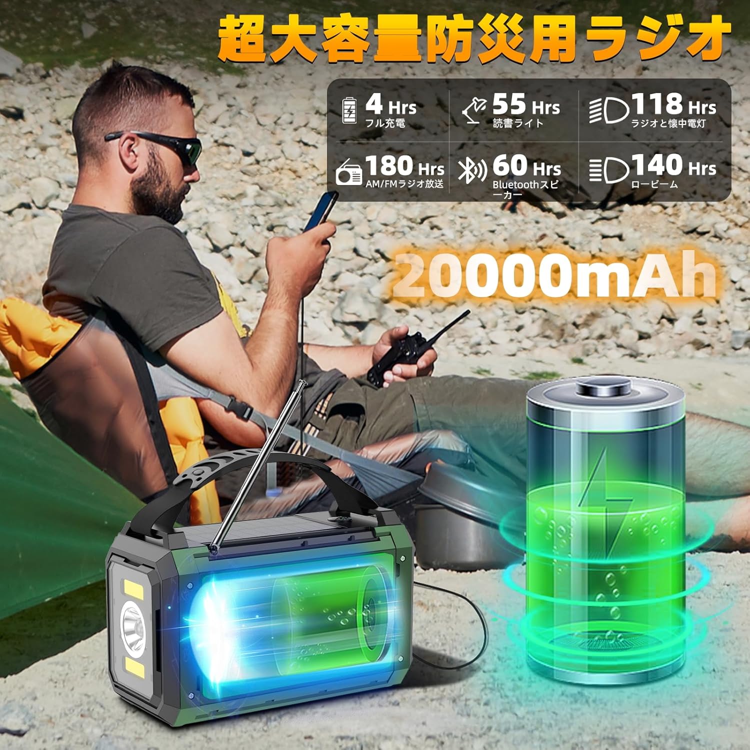防災用Bluetoothラジオ【20000mAhバッテリー・充電式・グリーン】