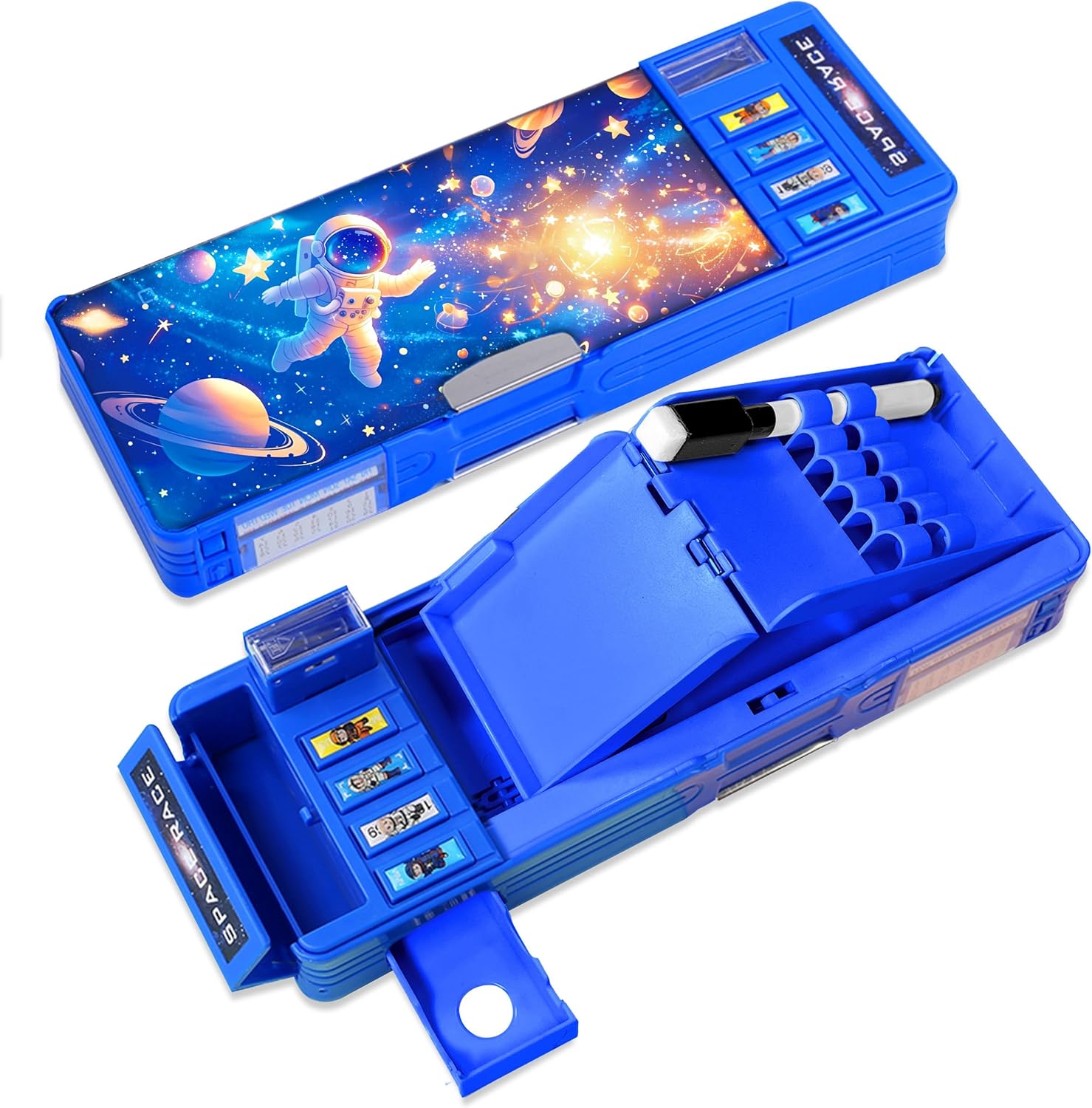小学生向け両面開き多機能ペンケース（パスワードロック・鉛筆削り付き・青い宇宙デザイン）