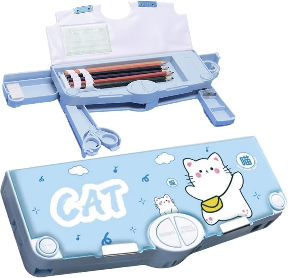 小学生向けかわいい猫デザインの箱型筆箱（ライトブルー）