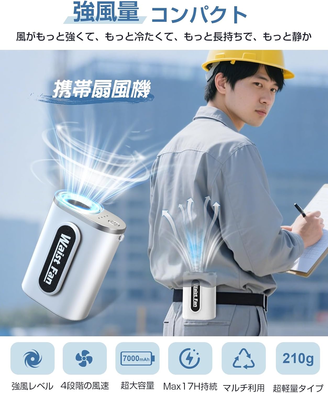 4WAY仕様のUSB充電式腰掛け扇風機（7000mAh・静音・首掛けストラップ付）