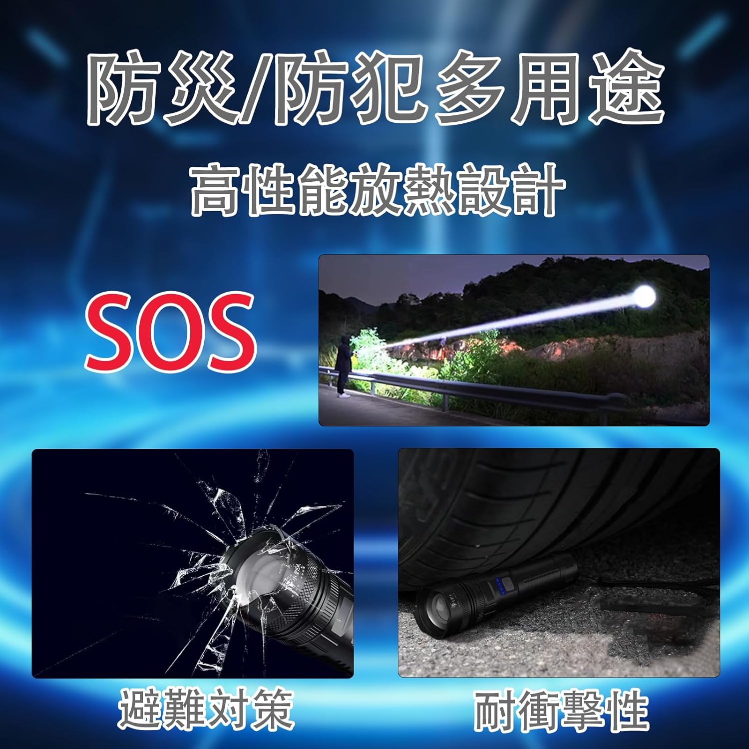 強力懐中電灯 軍用 Type-C充電式 LED 5000mAh大容量 IPX7防水 6モード ズーム調整可能