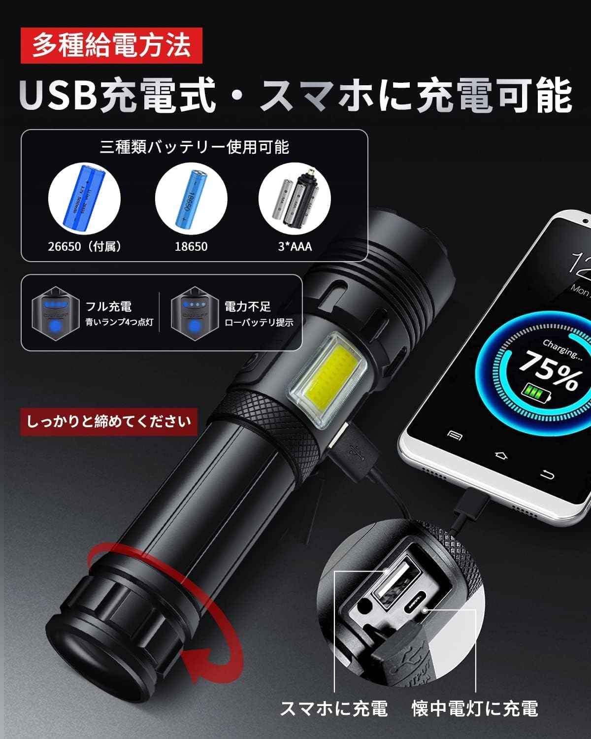 超高輝度ハンディライト 5000mAh充電式 LED懐中電灯 IPX6防水 7モード調光