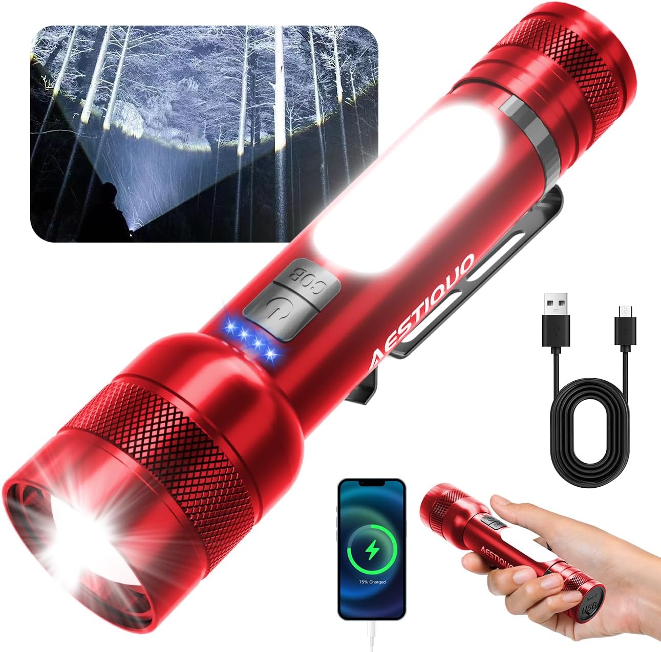 超高輝度25000ルーメン懐中電灯 Type-C USB充電式 IP56防水仕様 軽量ハンディライト自転車・登山・夜釣り用 (レッド)