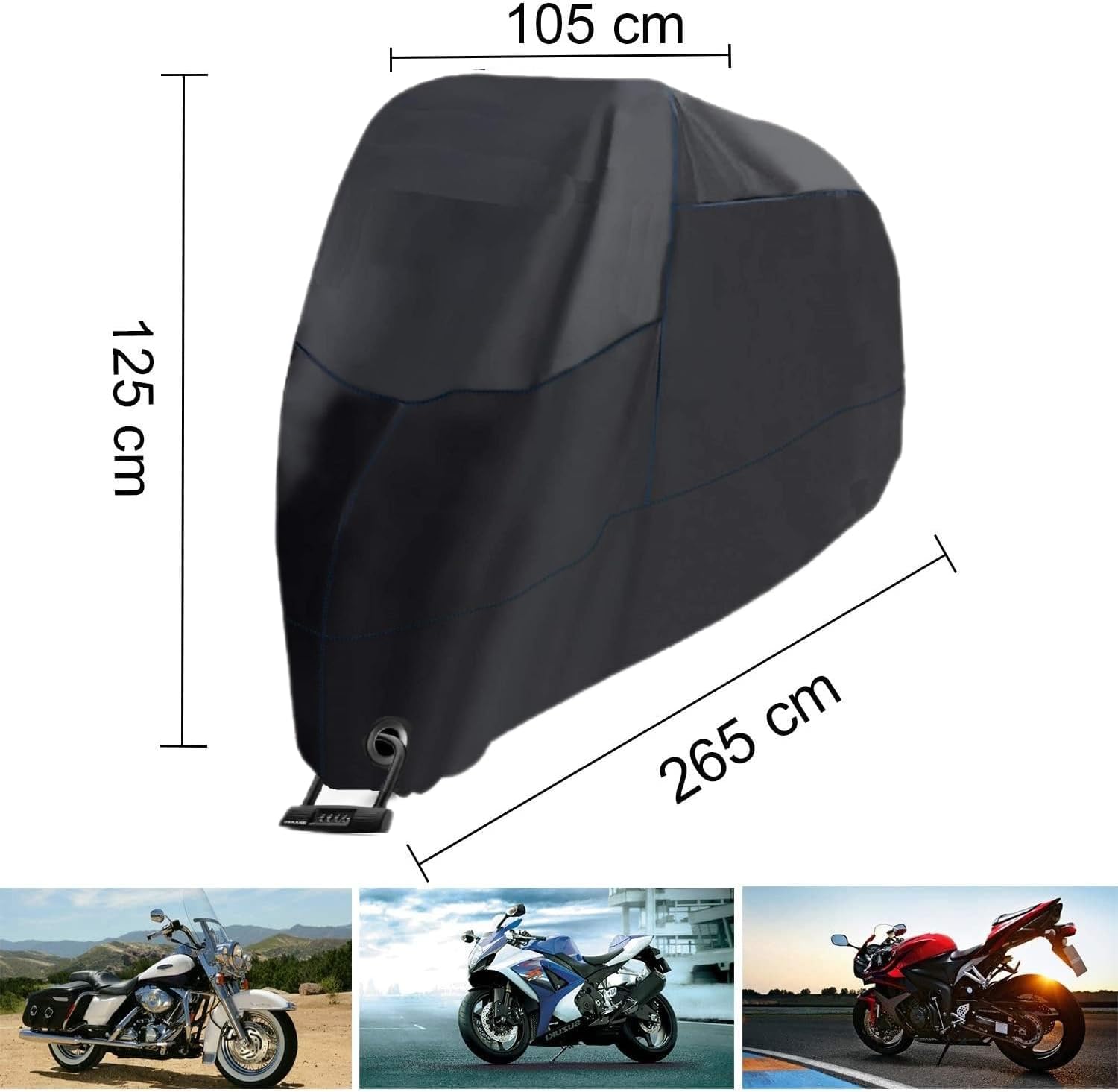 大型バイクカバー 防水 耐熱 210D 厚手 265x105x125cm UVカット 収納袋付き