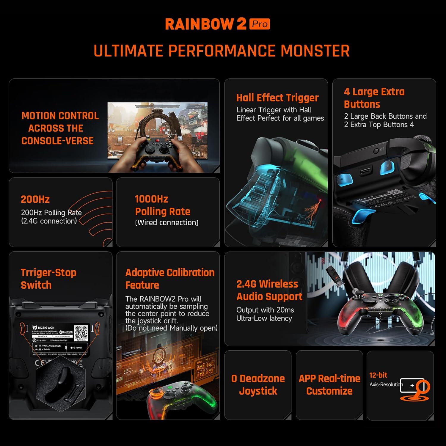 PC/スマホ用ワイヤレスゲームコントローラー RGB Rainbow 2 Pro 6軸センサー搭載
