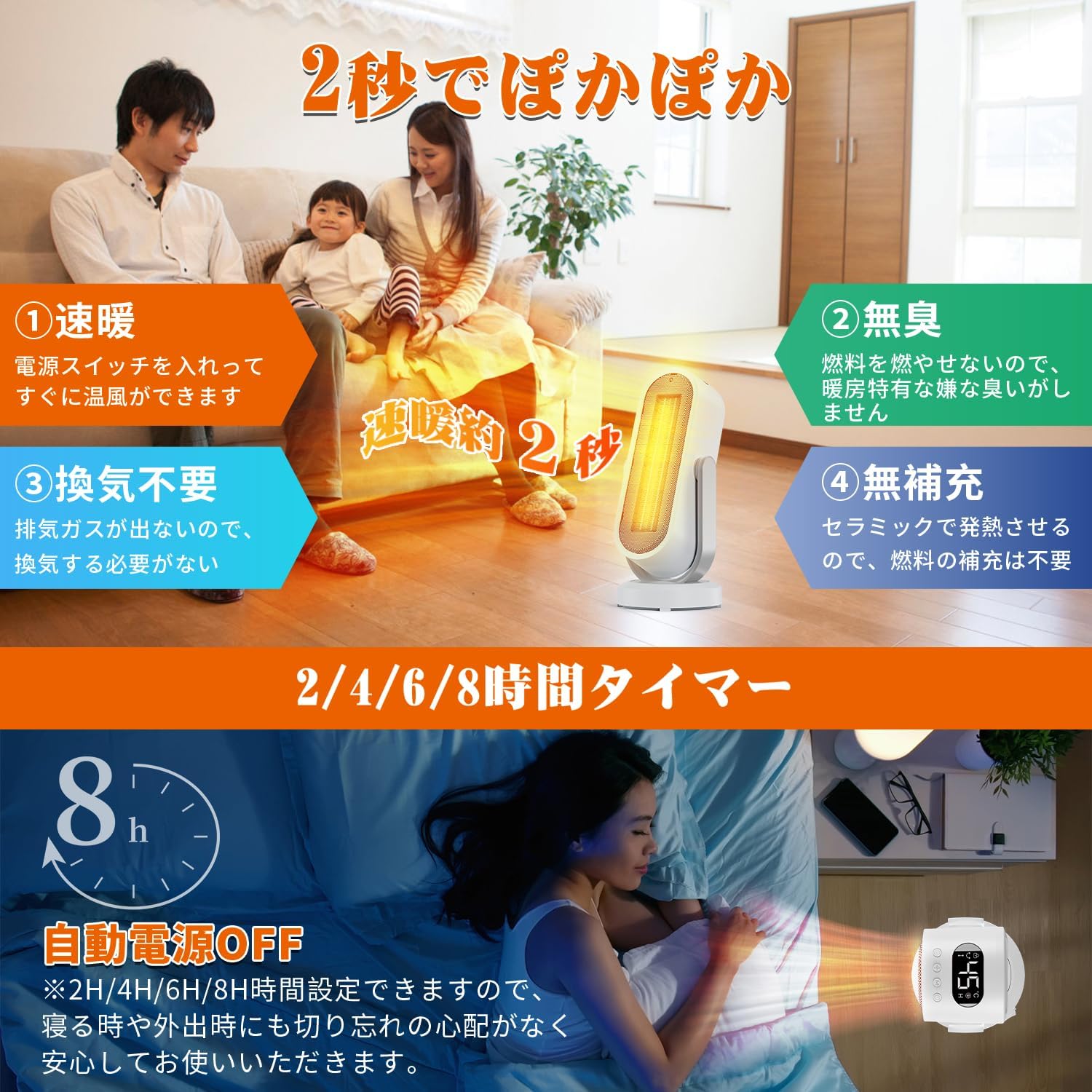 ECO電気代節約セラミックファンヒーター【上下左右自動首振り・リモコン付】