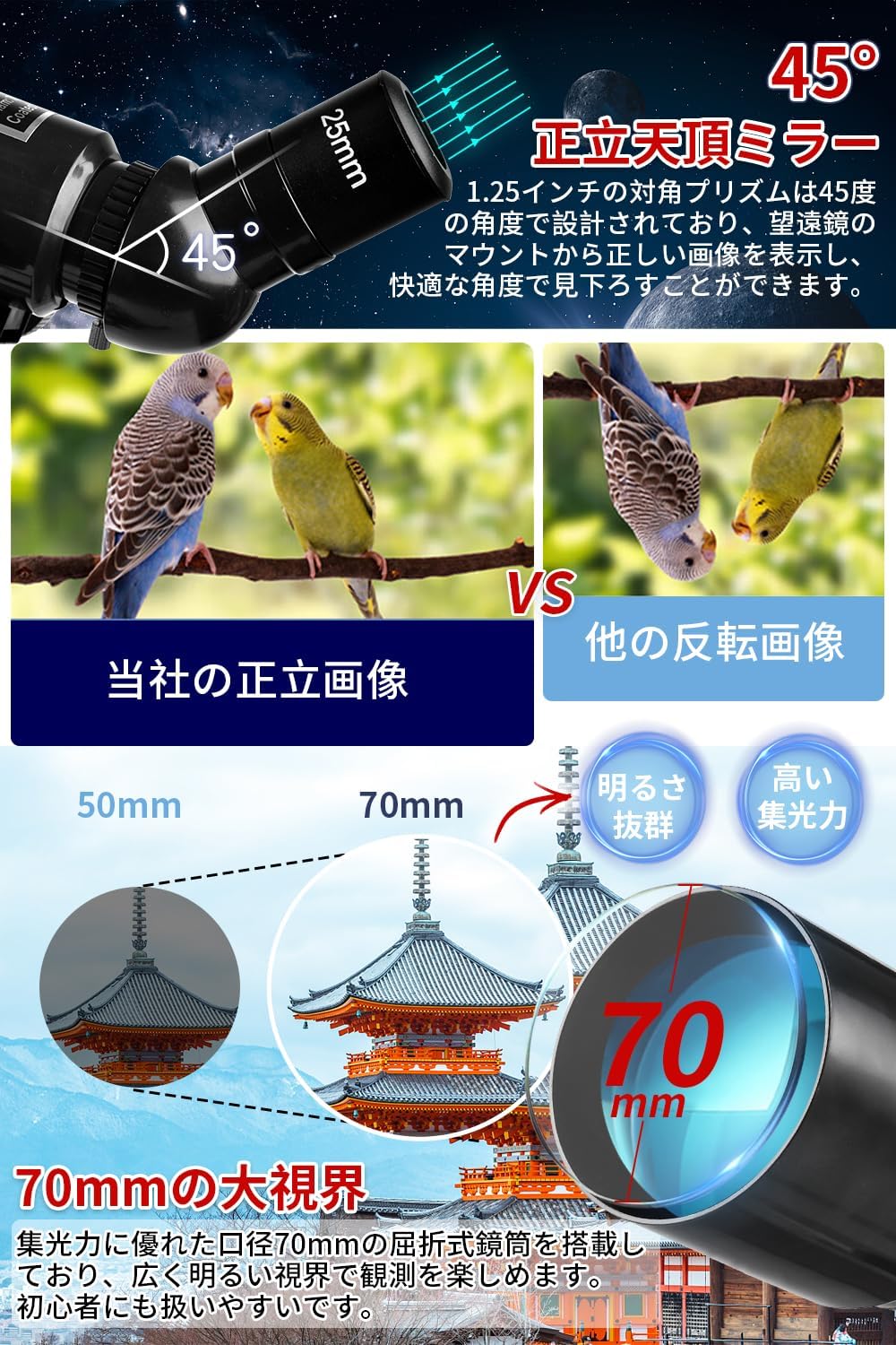 初心者向け天体望遠鏡セット 400倍 高倍率 口径70mm スマホ撮影対応 ハンドブック付き