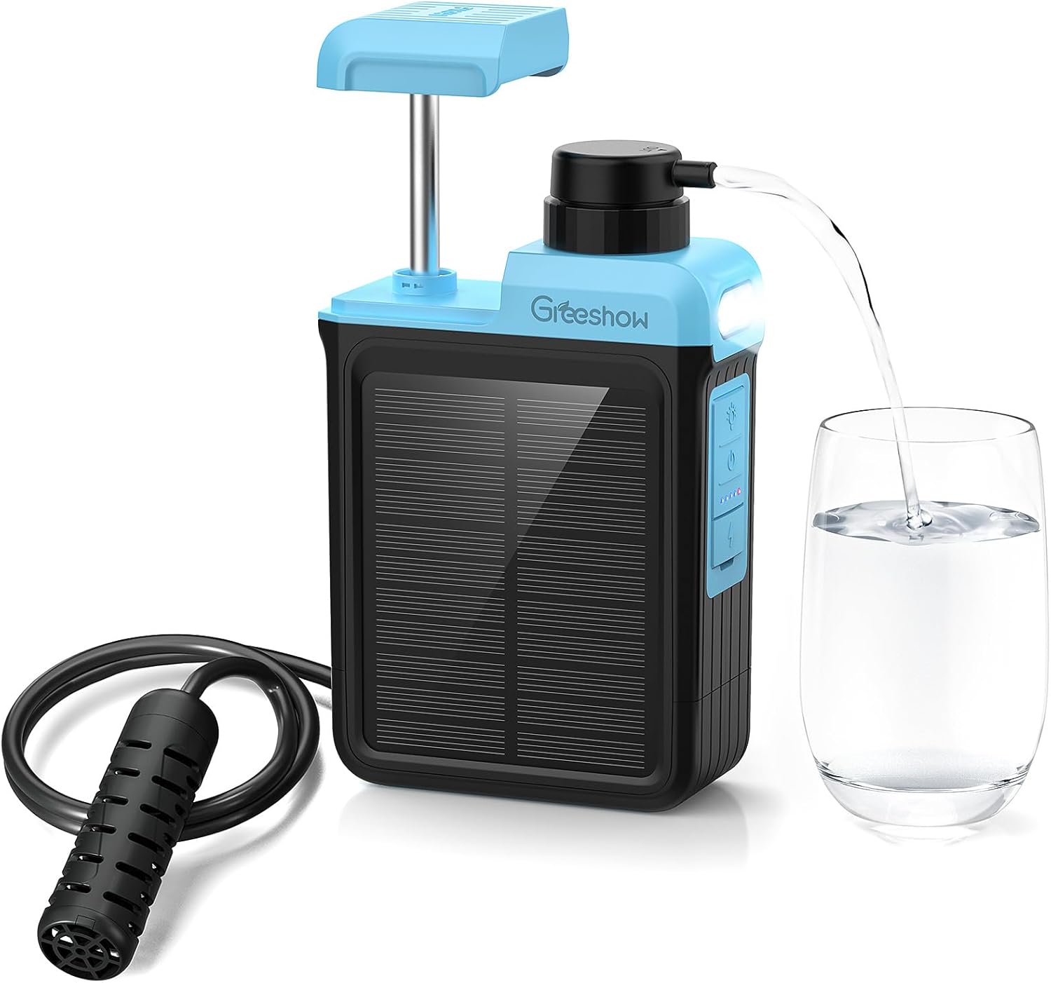 災害対策・キャンプ用携帯浄水器 Greeshow GS-2809 ソーラー充電・スマホ充電機能付き 防災士推奨 PSE認証済み