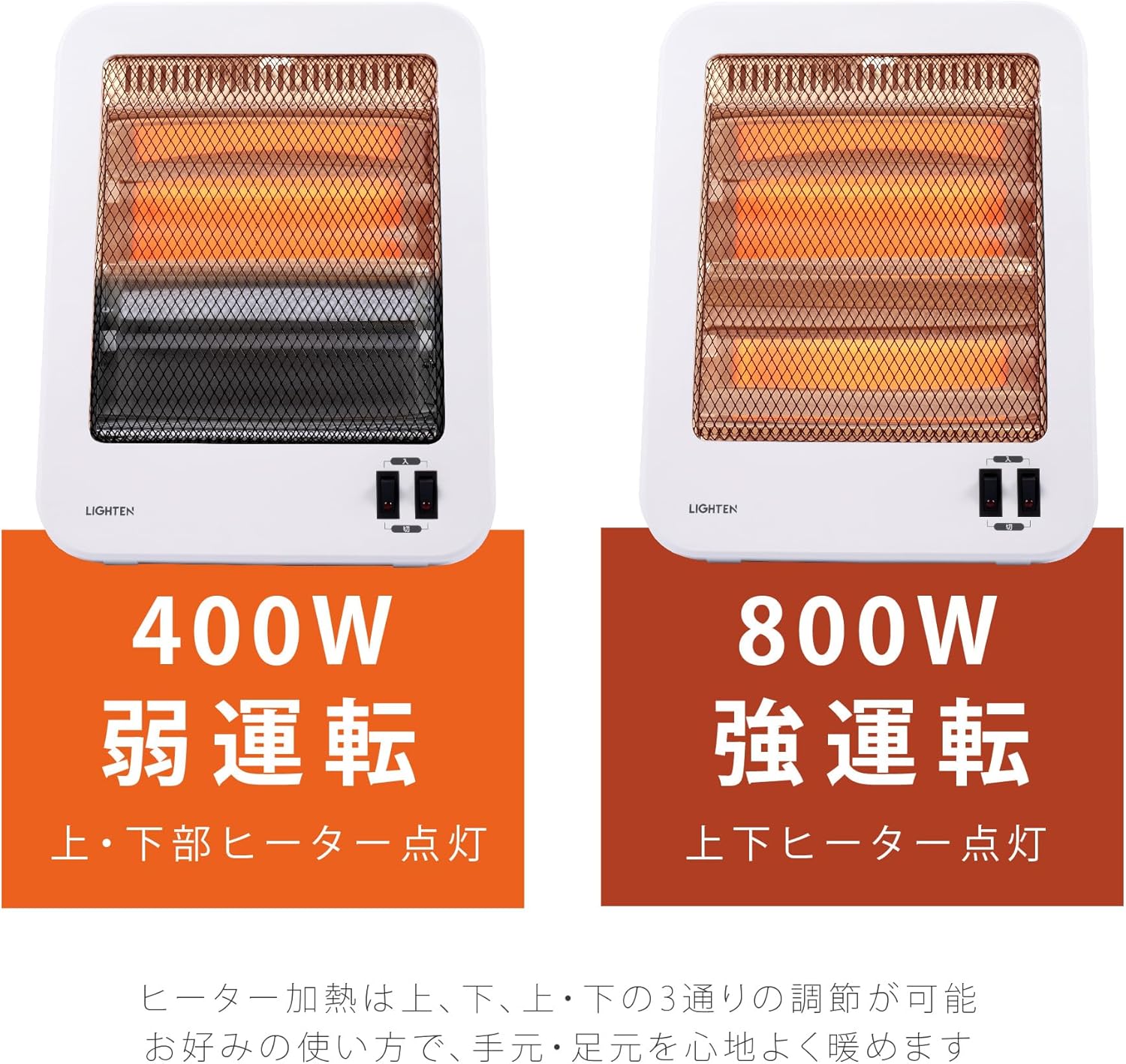 小型電気ストーブ ヒーター 400W/800W 遠赤外線 省エネ 静音 転倒OFF ホワイト