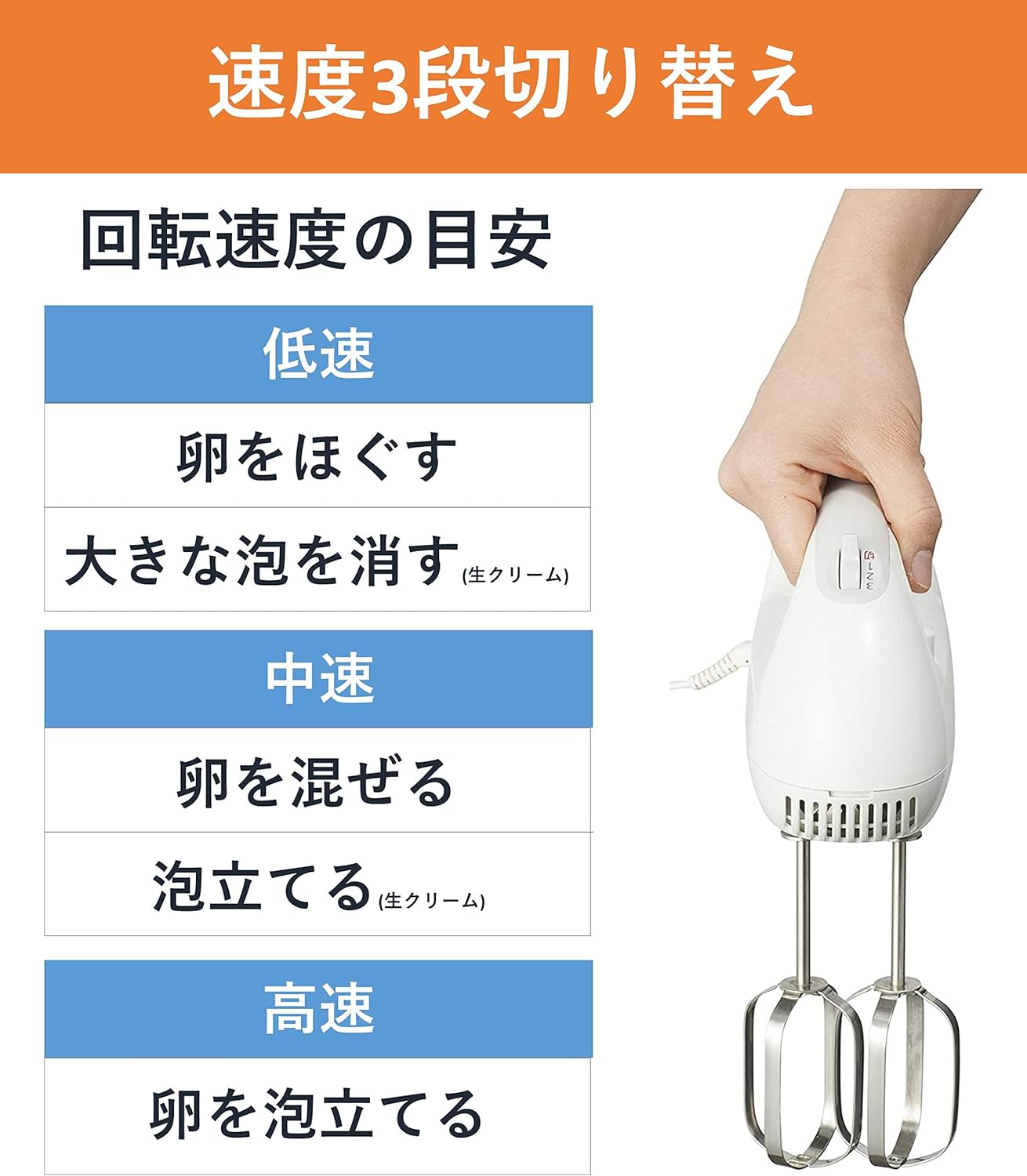 パナソニック ハンドミキサー 速度3段調節 ホワイト MK-H4-W