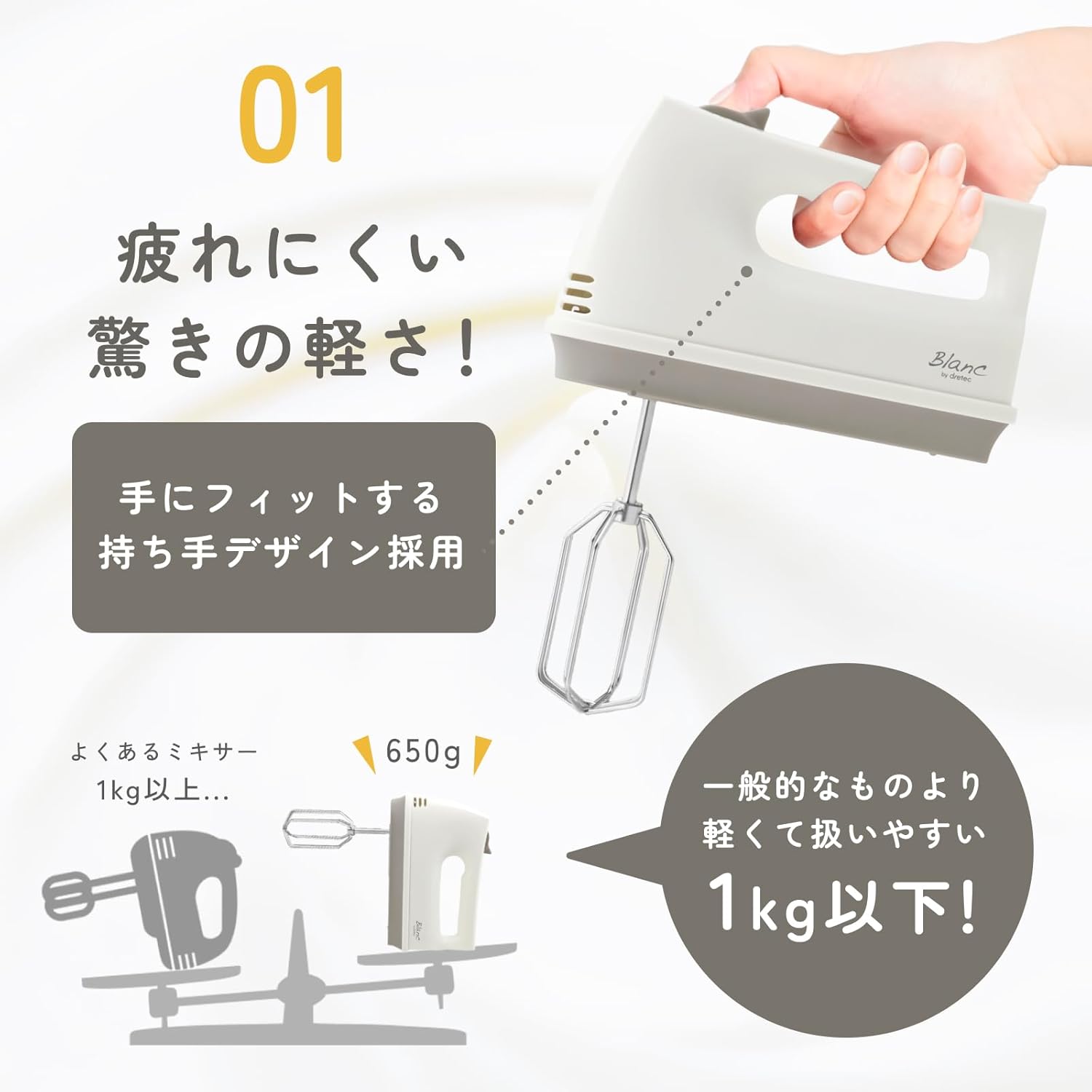 ハイパワー ハンドミキサー スピード5段階切替 ケース付き 和モダン ギフト用 ホワイトベージュ