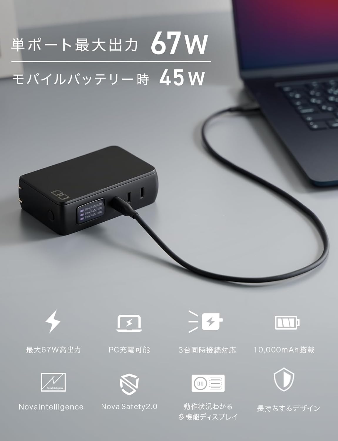 65W急速充電モバイルバッテリー 10000mAh Type-C×3 一体型【ブラック】