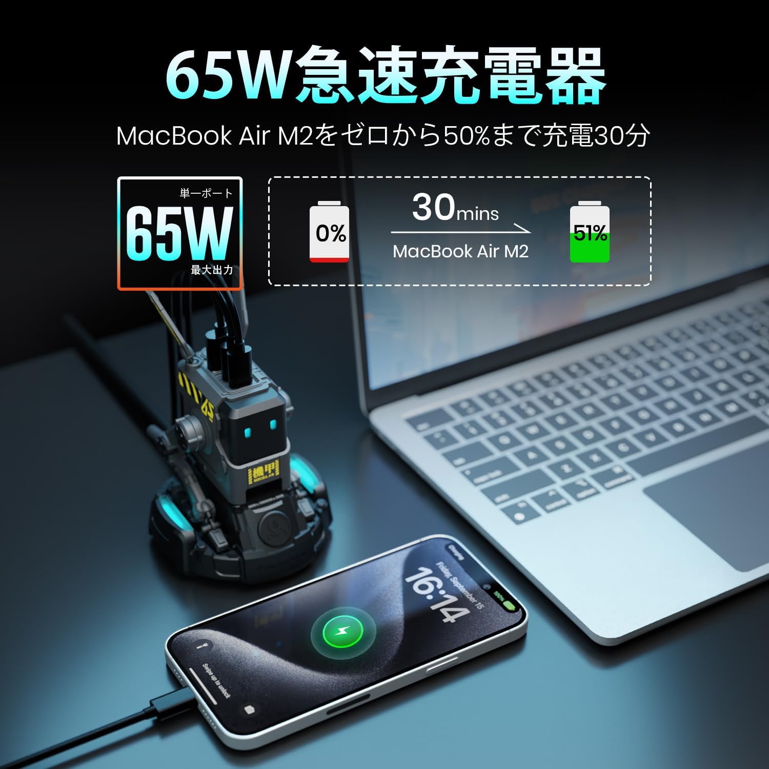急速充電器 65W USB-C×2・USB-A×1 PD3.0対応 PSE認証 グレー