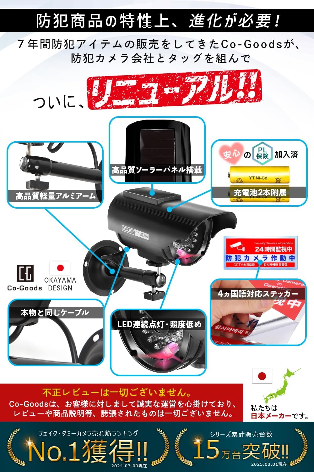 ソーラー式ダミーカメラ 【防犯グッズ】防水・対光強化・多言語ステッカー付属 (ブラック)